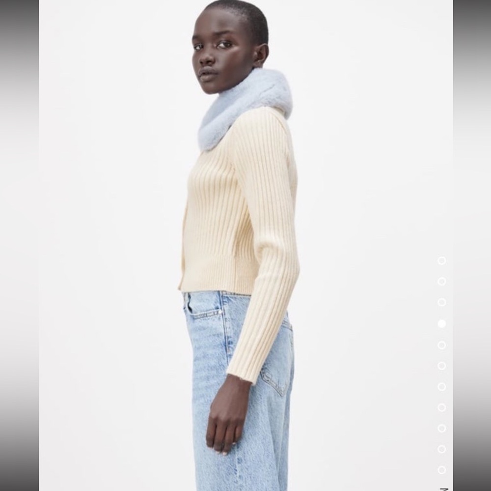 Cream Ribbed Button-Front Sweater with Light Blue Faux Fur Collar - Picture 6 of 12